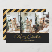 Cartes Pour Fêtes Annuelles Elégante Black and Gold Foil Photo Joyeux Noël (Devant / Derrière)