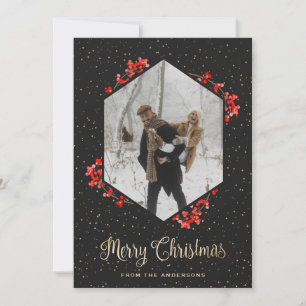 Cartes Pour Fêtes Annuelles Elégante Black Gold Snow Red Berries Photo