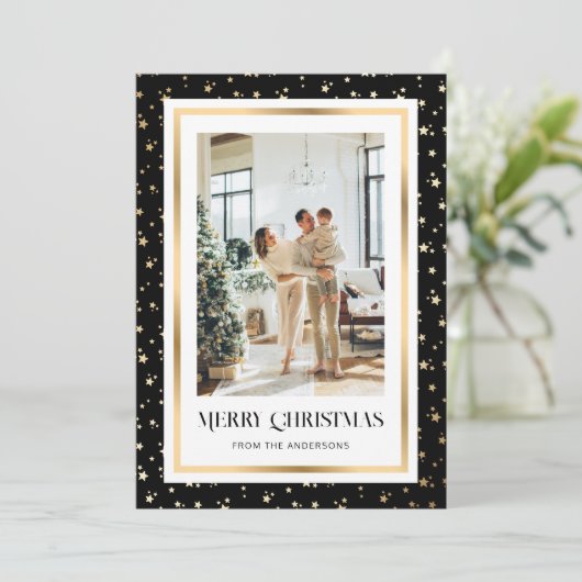 Cartes Pour Fêtes Annuelles Elégante Black Gold Starry Photo Joyeux Noël (Debout devant)