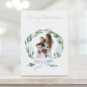 Cartes Pour Fêtes Annuelles Elégante Bleu Bow Garland Wreath Photo Christmas H