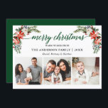 Cartes Pour Fêtes Annuelles Élégante calligraphie Aquarelle hiver Floral Vert<br><div class="desc">Script de calligraphie moderne. Elégante Winter Floral 3 Photo Joyeux Noël Card comprend de belles poinsettias rouges aquarelle,  verdure botanique,  feuillage hivernal,  baies sèches,  roses blanches,  coton,  cônes de pin et baies bleues. Retour vert.</div>