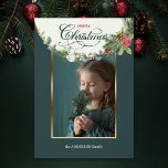 Cartes Pour Fêtes Annuelles Élégante Calligraphie de Noël Joyeux Floral Photo<br><div class="desc">Bordure élégante de fleurs d'hiver aquarelle,  pin,  rose & eucalyptus avec Joie calligraphie personnalisée Noël,  portrait photo découpé avec bordure en dégradé or et champ de texte modifiable sur l'arrière - plan vert chasseur riche. La couleur de texte calligraphie est personnalisable.</div>
