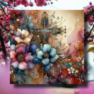 Cartes Pour Fêtes Annuelles Elégante Croix de Pâques Fleurs d'aquarelle Christ