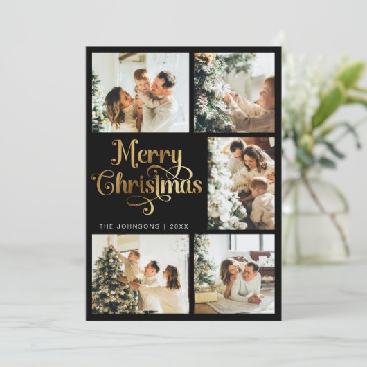 Cartes Pour Fêtes Annuelles Élégante famille de Noël Retro Noir & Or Joyeux (Debout devant)