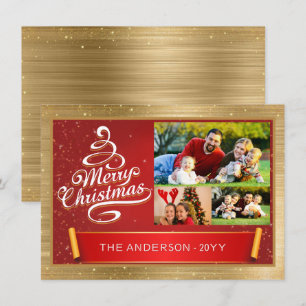 Cartes Pour Fêtes Annuelles Élégante famille de trois photos Gold & Red Custom