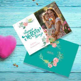 Cartes Pour Fêtes Annuelles Elégante Fête des mères florales Turquoises et ros