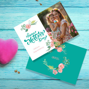 Cartes Pour Fêtes Annuelles Elégante Fête des mères florales Turquoises et ros