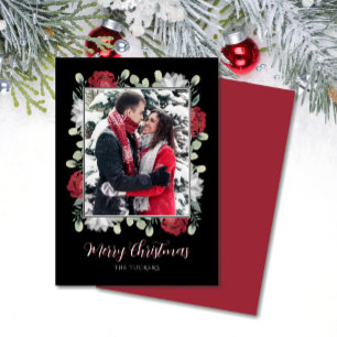 Cartes Pour Fêtes Annuelles Élégante Flore blanche rouge sur la photo noire No