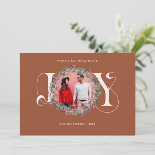 Cartes Pour Fêtes Annuelles Elégante JOIE Noël Wreath Feuilles Berries Photo (Debout devant)