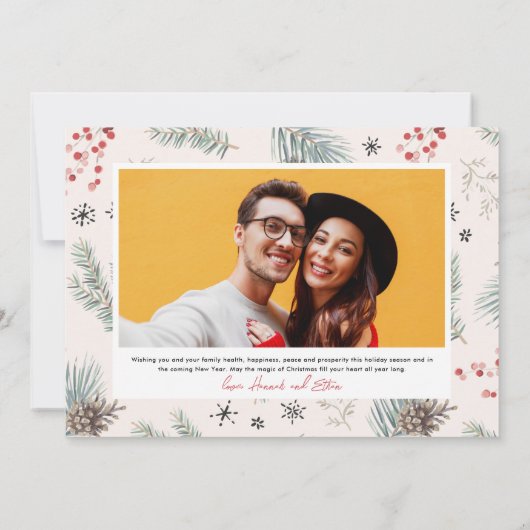 Cartes Pour Fêtes Annuelles Elégante JOIE Noël Wreath Feuilles Berries Photo (Dos)