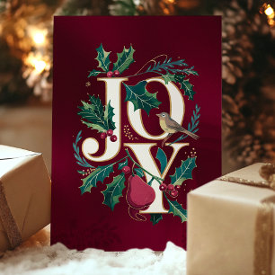 Cartes Pour Fêtes Annuelles Elégante Joy Typographie Holly Bird Christmas Card
