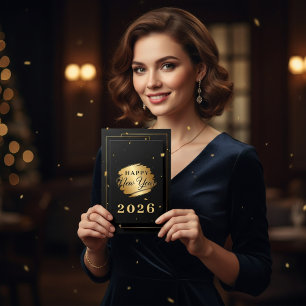Cartes Pour Fêtes Annuelles Élégante Luxe Noir et Or Bonne Année 2026 