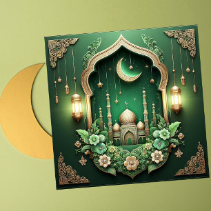 Cartes Pour Fêtes Annuelles Elégante Mosquée du Croissant Moubarak Vert Floral