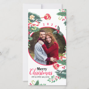 Cartes Pour Fêtes Annuelles Élégante Photo de Couple de Noël à l'Aquarelle Joy