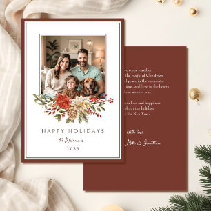 Cartes Pour Fêtes Annuelles Élégante Photo de Fêtes de Brown avec Poinsettia