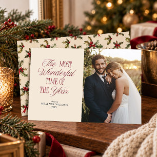 Cartes Pour Fêtes Annuelles Élégante photo de Noël de Holly, premier mariage