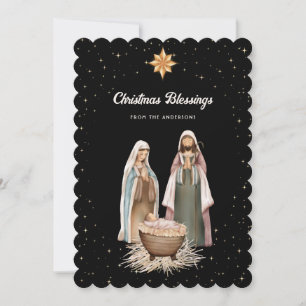 Cartes Pour Fêtes Annuelles Élégante scène de la Nativité noire étoiles chréti