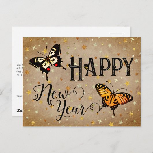 Cartes Pour Fêtes Annuelles Élégante Typographie Papillon Étoiles Rustique Nou (Devant / Derrière)