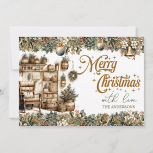 Cartes Pour Fêtes Annuelles Elégante verdure et doré intérieur de Noël cosy