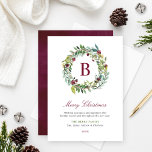 Cartes Pour Fêtes Annuelles Élégante verdure hivernale Bourgogne Monogramme Wr<br><div class="desc">Cette carte de Noël élégante et minimale présente un motif de courroie d'aquarelle fleurie encadrant un monogramme personnalisé bordeaux / vin rouge ainsi qu'un texte élégant rouge bordeaux, vert et gris foncé qui peut être entièrement personnalisé avec votre salutation de Noël "Joyeux", les noms des membres de la famille, et...</div>