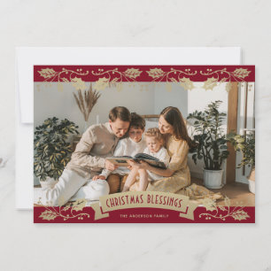 Cartes Pour Fêtes Annuelles Élégantes Baies de Houx Rouge Or Photo Chrétien