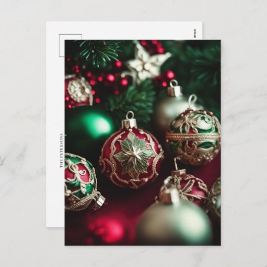 Cartes Pour Fêtes Annuelles Élégantes boules de Noël Rouge Vert Victorien (Devant / Derrière)