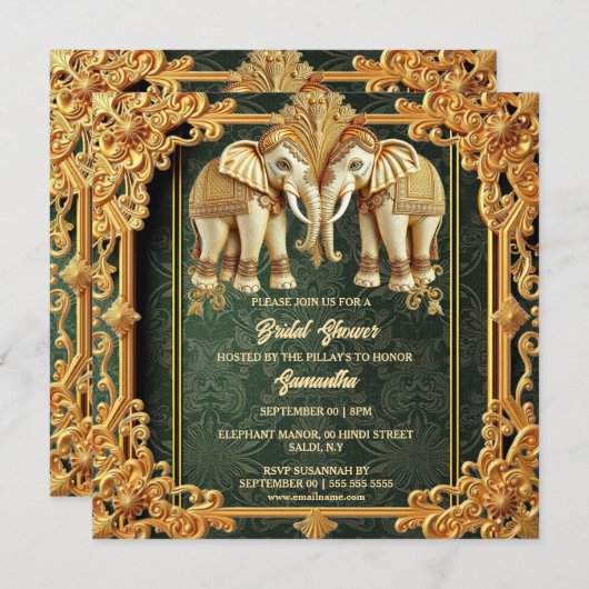 Cartes Pour Fêtes Annuelles Eléphants indiens vert or orné douche nuptiale (Devant / Derrière)