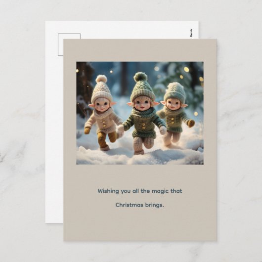 Cartes Pour Fêtes Annuelles Elf Kids Running in the Snow Custom Text (Devant / Derrière)
