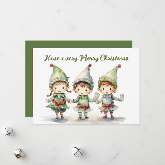 Cartes Pour Fêtes Annuelles Elfe de Noël à l'aquarelle ajouter du texte (Devant/Arrière en situation)