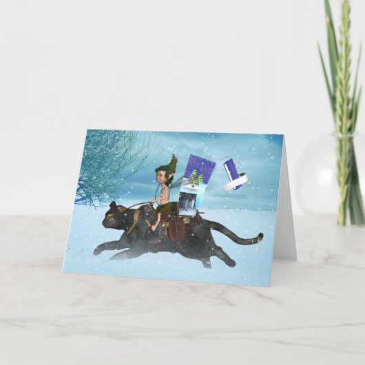 Cartes Pour Fêtes Annuelles Elfe des bois du solstice d'hiver sur un chat livr (Devant)