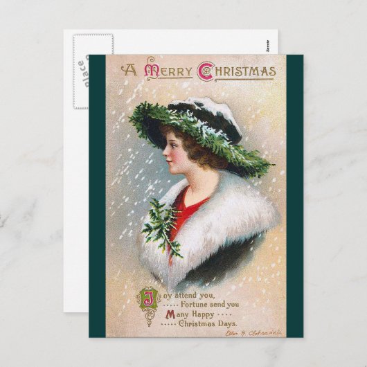 Cartes Pour Fêtes Annuelles Ellen H. Clapsaddle - Femme de Noël en vert (Devant / Derrière)