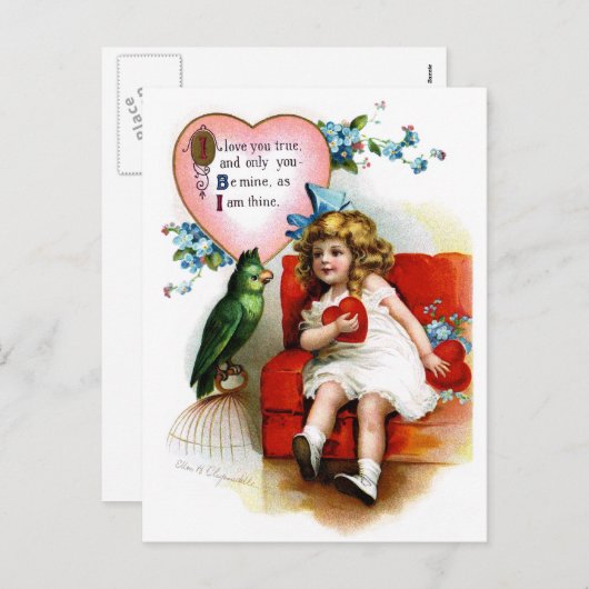 Cartes Pour Fêtes Annuelles Ellen H. Clapsaddle : Valentine Girl with Parrot (Devant / Derrière)
