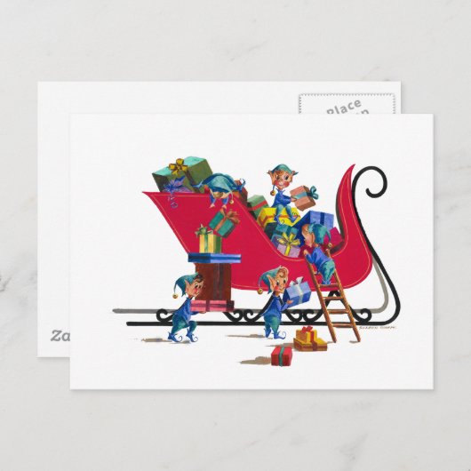 Cartes Pour Fêtes Annuelles ELVES REMPLISSANT PÈRE NOËL SLEIGH par SHARON SHAR (Devant / Derrière)