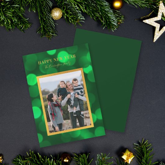 Cartes Pour Fêtes Annuelles Emerald Green Bokeh éclaire Gold Bonne année