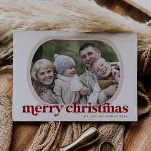 Cartes Pour Fêtes Annuelles EMERY Red Pink Family Photo Simple Joyeux Noël