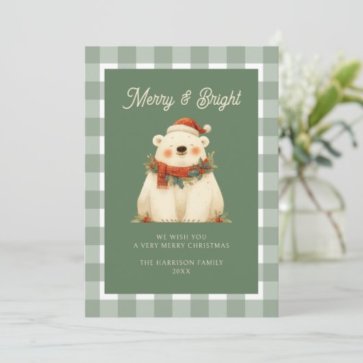 Cartes Pour Fêtes Annuelles En vichy Vert mignon Vérifier Joyeux et lumineux (Debout devant)