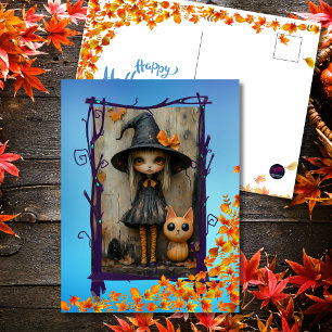 Cartes Pour Fêtes Annuelles Enchanter Halloween sorcière fille et chat Citroui