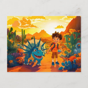 Cartes Pour Fêtes Annuelles Enfant Anime marchant Tricératops au coucher du so