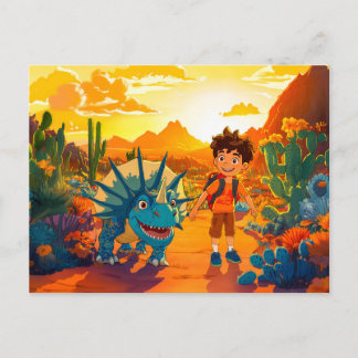 Cartes Pour Fêtes Annuelles Enfant Anime marchant Tricératops au coucher du so