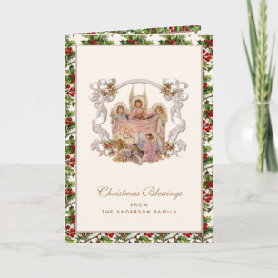 Cartes Pour Fêtes Annuelles Enfant Jésus avec des anges Baies de houx vintage