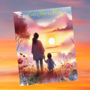 Cartes Pour Fêtes Annuelles Enfant mignon à regarder le coucher du soleil avec