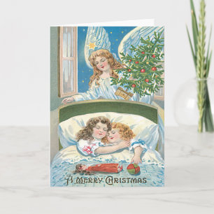 Cartes Pour Fêtes Annuelles Enfants dormant ange arbre de Noël fenêtre