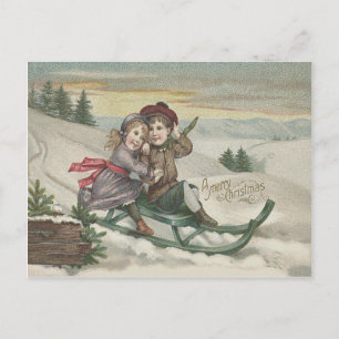 Cartes Pour Fêtes Annuelles Enfants faisant de la luge Arbre de Noël Neige Hiv