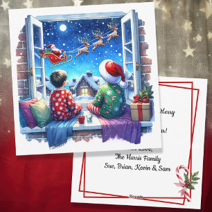 Cartes Pour Fêtes Annuelles Enfants regardant Père Noël Sleigh Christmas Eve