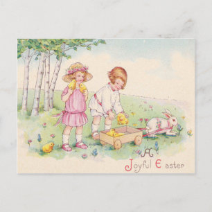 Cartes Pour Fêtes Annuelles Enfants victoriens Champ de lapin de poulet de Pâq