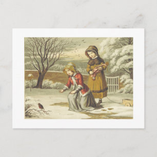 Cartes Pour Fêtes Annuelles Enfants victoriens d'hiver nourrissant un rouge-go