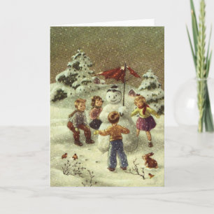 Cartes Pour Fêtes Annuelles Enfants vintages faisant un bonhomme de neige