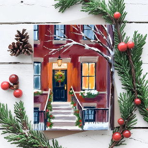 Cartes Pour Fêtes Annuelles Escalier de la ville enneigée Aquarelle de Noël
