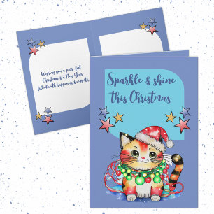 Cartes Pour Fêtes Annuelles Étincelle ce chat de Noël mignon étoiles bleu