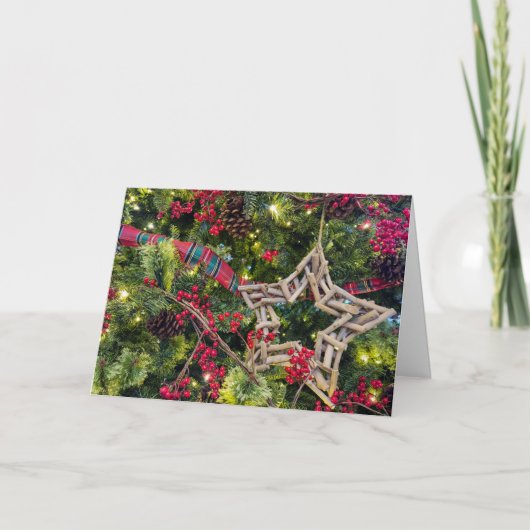 Cartes Pour Fêtes Annuelles Étoile de bois flotté de Noël sur arbre (Devant)